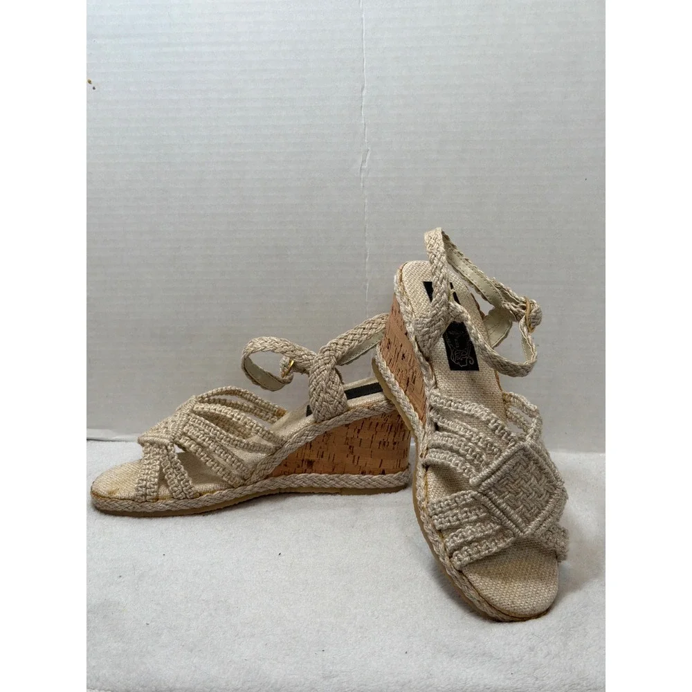 VTG NOS Macrame Wedge Sandals Women Beige‎ Cork Heel Boho Strappy Woven Size 8